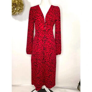 Justfab Shirt Dress Women's S Red Black Spotted Slit Midi V Neck Long Sleeve